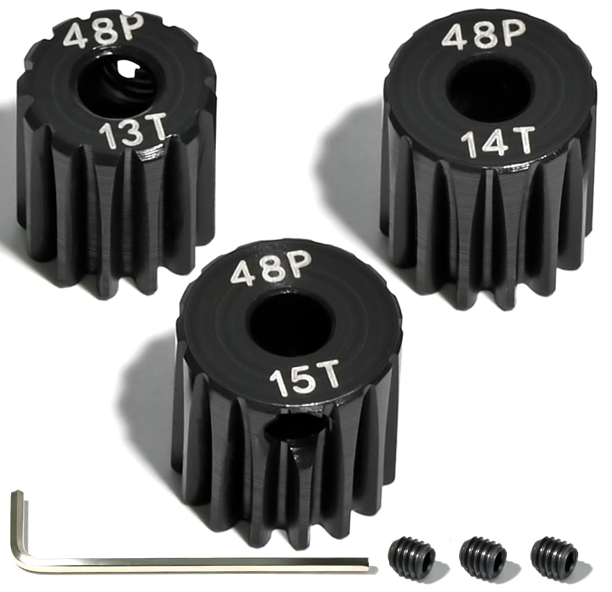 3PCS 48P Pinion Gear Set Hardened Steel 3.175mm Shaft 13T 14T 15T with Screws & Hex for 1/10 RC Arrma Traxxas HPI Kyosho Losi Axial SCX10 Tamiya Monster Truck Buggy Motor Upgrade Parts - size: 13 14 15T