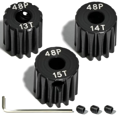 3PCS 48P Pinion Gear Set Hardened Steel 3.175mm Shaft 13T 14T 15T with Screws & Hex for 1/10 RC Arrma Traxxas HPI Kyosho Losi Axial SCX10 Tamiya Monster Truck Buggy Motor Upgrade Parts - size: 13 14 15T