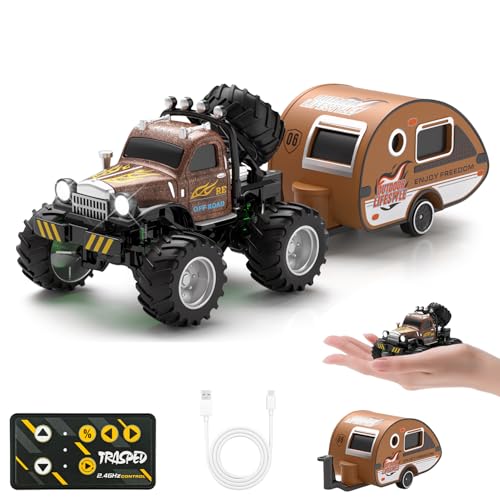 Snugzy Mini RC Car 1:64 Scale RC Truck for Kids with Trailer 2.4Ghz Remote Control Rechargeable RC Cars Toy Gifts for Boys Girls Adult (Brown) - color: Brown