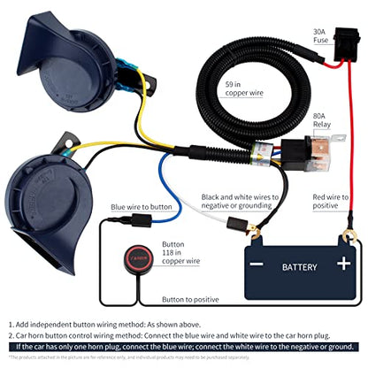 FARBIN Horn 12V Car Horn Loud Dual-Tone Waterproof Auto Horns Electric Horn | Blue classic design, waterproof, 12V 130dB loud, with wiring harness and push button switch, universal for any 12V vehicles - style: 12V Blue horn with wire harness and button