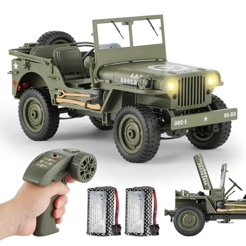 1/10 Scale RC Military SUV, Remote Control 4WD Off-Road Vehicle with Alloy Frame Chassis, Army Vehicle with Opening Hood and Folding Windshield, 2 Batteries - color: Rc Car +2 Battery