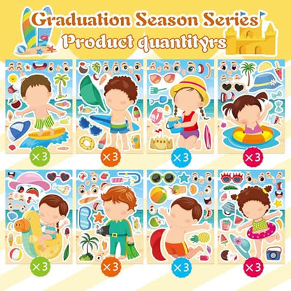 24PCS Summer Stickers for Kids, Make-a-face Stickers, Make Your Own Sticker | Ideal Summer Crafts for Girls Boys, Preschool Holiday Party, Goodie Bags Stuffers - style: 24 Sheet Summer Stickers