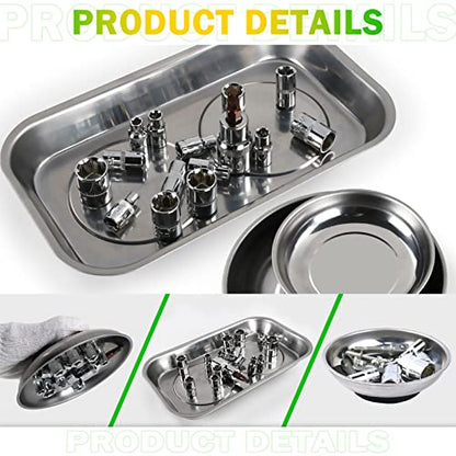 Keadic 5Pcs Stainless Steel Magnetic Tray Holder Set Includes Square & Round Magnetic Parts Tray and Magnetic Telescoping Pick-Up Tool for Screws Nuts Tool Organization