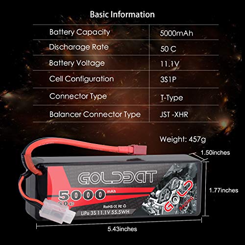 GOLDBAT 11.1V 5000mAh 3S 50C Lipo RC Battery Pack Hard Case with T Connector for E-maxx Axial RC Car Truck Buggy Truggy Hobby (2 Pack) - size: 2 PACKS