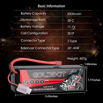GOLDBAT 11.1V 5000mAh 3S 50C Lipo RC Battery Pack Hard Case with T Connector for E-maxx Axial RC Car Truck Buggy Truggy Hobby (2 Pack) - size: 2 PACKS
