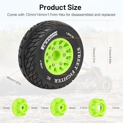 12mm/14mm/17mm Hex RC Wheels and Tires RC Truck Tires 1/10 Scale Tyres Hex Detachable Replacement for Arrma Senton Slash Axial Redcat Rc4wd Fury (Green C) - color: Green
