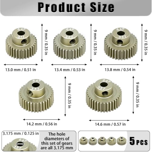 5Pcs 64P Aluminum Alloy Pinion Gear Set 3.175mm 31T 32T 33T 34T 35T Motor Pinion Gear W/ M4 Screw and Hex Key, Fit 3.175mm (1/8-Inch) Shaft, for Arrma HPI Kyosho Losi Axial Traxxas Tamiya 1/10 RC Car - size: 64P-3.175mm-31-35T