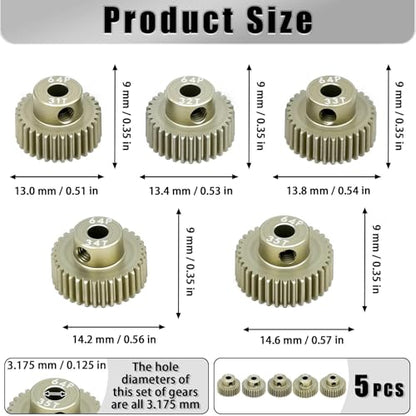 5Pcs 64P Aluminum Alloy Pinion Gear Set 3.175mm 31T 32T 33T 34T 35T Motor Pinion Gear W/ M4 Screw and Hex Key, Fit 3.175mm (1/8-Inch) Shaft, for Arrma HPI Kyosho Losi Axial Traxxas Tamiya 1/10 RC Car - size: 64P-3.175mm-31-35T
