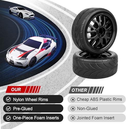 HobbyPark Glued 1/10 On-Road RC Touring Tires and Wheels Set for 1/18 Traxxas Latrax Teton 4 Tec 2.0 3.0 Tamiya TT02 TT01 Brushless (4-Pack) (Color G) - color: Color G