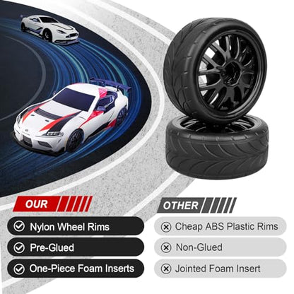 HobbyPark Glued 1/10 On-Road RC Touring Tires and Wheels Set for 1/18 Traxxas Latrax Teton 4 Tec 2.0 3.0 Tamiya TT02 TT01 Brushless (4-Pack) (Color G) - color: Color G