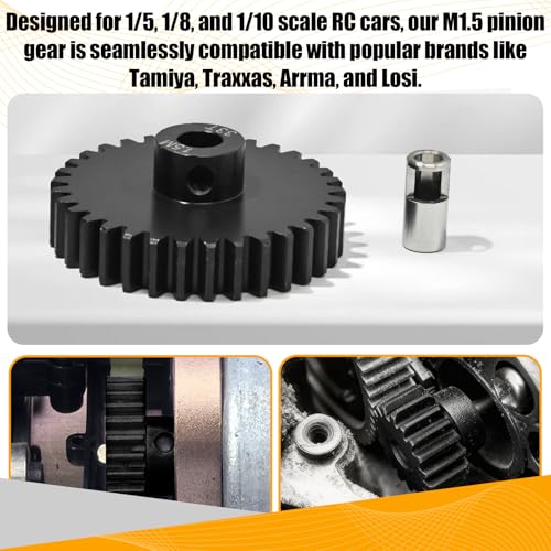 M1.5 33T Pinion Gear 8mm Bore with 8mm to 5mm Shaft Adapter Sleeve, Chromium Steel Motor Gear with Set Screw & Hex Key for Traxxas ARRMA Losi 1/5 1/8 RC Cars - size: 33T
