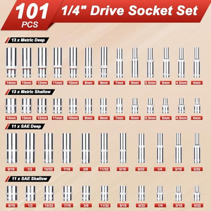 Egofine 1/4”Drive Socket Ratchet Wrench Set,101 PCS Metric(4-14mm),SAE(5/32-9/16”),with 72-Teeth Ratchet Wrench,Bit Socket Set,Extension Bar,Allen wrench for Auto Repair and Household - style: 1/4" 101 PCS with 72 Teeth Ratchet