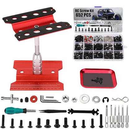 RC Car Repair Work Stand 652 PCS Screw Kit with Srew Tray RC Repair Kit Universal RC Screw Set for Arrma Redcat Traxxas Axial HPI Losi 1/8 1/10 1/12 1/16 Scale RC Cars Trucks Crawler - style: Red RC Kit