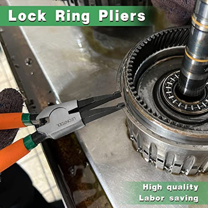 2 PCS Heavy Duty Lock Ring Pliers Set Flat Snap Ring 8'' & 11'' Special Circlip Reverse Angle Tip Retaining Ring Spreader for Transmission Transfer Cases Black,chrome - size: 8" & 11" with Ring & Rope