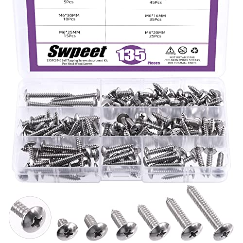 Swpeet 135Pcs #12 x 1/2" to 1-3/5" 304 Stainless Steel Phillips Truss Head Self Tapping Screws Phillips Cross Drive Wood Screws Sheet Metal Screws Assortment Kit for Sheet Metal, Wood, PVC Plastic - size: M6