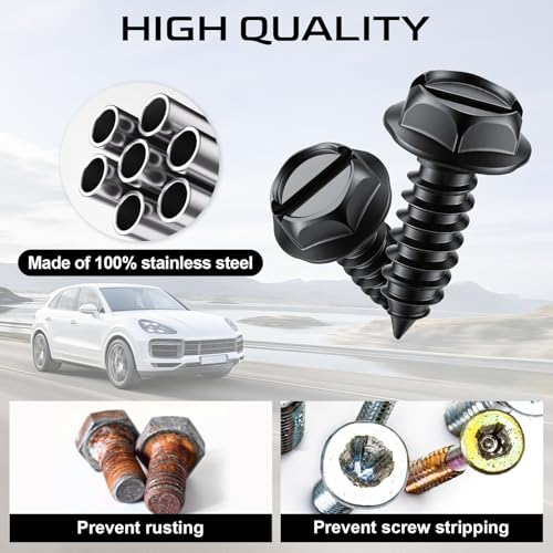 Rustproof License Plate Screws for Securing License Plates Frames and Covers on Cars and Trucks, 4 Sets Premium Stainless Steel Self Tapping Mounting Bolts (Black Zinc Plated) - color: Slotted-Black, size: 4 Pack