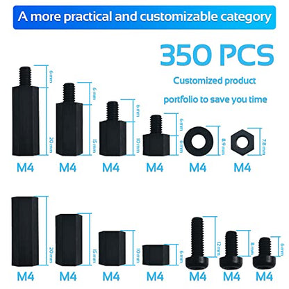 350PCS M2.5 Black Male Female Nylon Hex Spacer Standoff Screw Nut Set Assortment Kit (Black) for PCB Motherboard Circuit Board, Raspberry Pi and Hats - size: 350Pcs M2.5