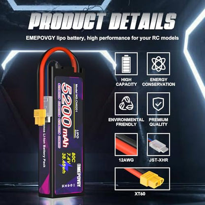7.4V Lipo Battery 2S 5200mAh 80C Lipos Hard Case with XT60 Connector for RC Car Trucks 1/8 1/10 RC Vehicles(2 Packs) - color: XT60