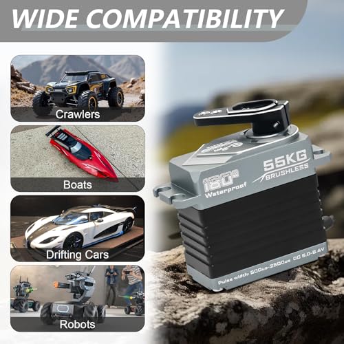 55KG Brushless Servo, Full Metal Servo Magnetic Encoder High Torque Servo with 25T Servo Horn for 1/12 1/10 RC Car RC Crawler Robot Boat