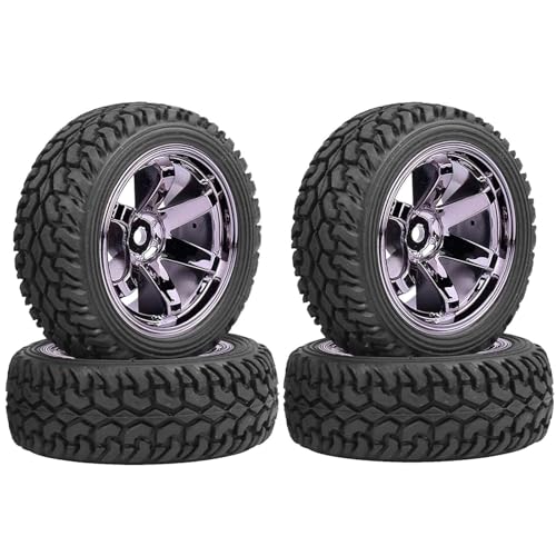 4PCS 75mm Rubber Tires and 6Spokes Plastic Wheel Rims Tyre for 1/10 RC On-Road Drift Racing Car 1:14 1:16 Rally Car for Tamiya Kyosho HPI HSP TT02 Upgrades Parts (Grey) - color: Grey