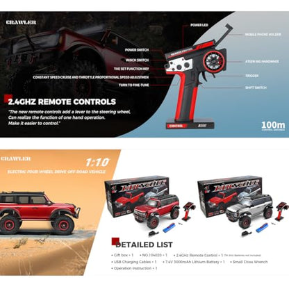 1/10 RC Crawler, 2.4G 4WD 11KMH High Speed Off-Road Car with Dual-Speed Modes, All-Terrain Car Rubber Tires, LED Lights(Metallic Grey/Without Winch) - color: Metallic Grey/Without Winch