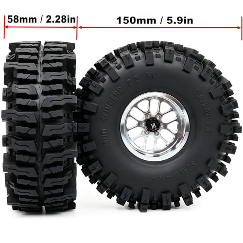 HOBBYSOUL 5.9'' Tall Mud Slingers XL RC 2.2 beadlock Wheels and Tires Set | -11mm negative offset silver beadlock wheel rims, T8 Compound Tire, For 1/10 RC Crawlers Truck Upgrades - color: Silver, size: 150mm / 5.9inch Tall