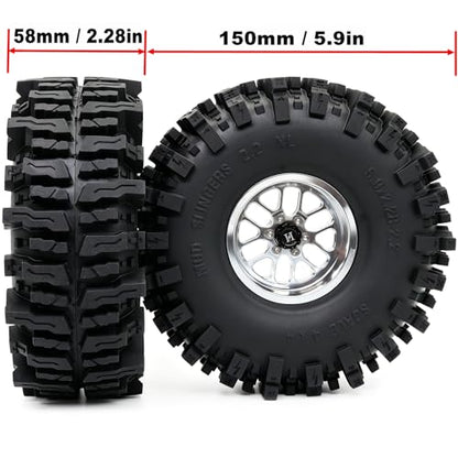 HOBBYSOUL 5.9'' Tall Mud Slingers XL RC 2.2 beadlock Wheels and Tires Set | -11mm negative offset silver beadlock wheel rims, T8 Compound Tire, For 1/10 RC Crawlers Truck Upgrades - color: Silver, size: 150mm / 5.9inch Tall