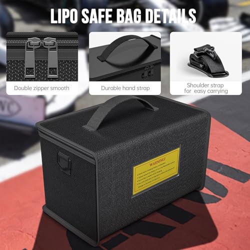 Lipo Battery Safe Bag Large Capacity Adjustable Lipo Bag Large Lipo Case Fireproof Explosionproof Bags for lipo batteries Storage(10.6 * 6.7 * 6.7 in)