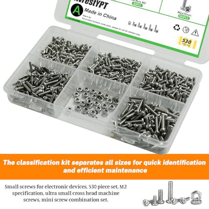 530Pcs 304 Stainless Steel Metric Micro Screws Nuts Assortment, M2x4/5/6/8/10mm Sizes, Phillips Pan Head, Fully Threaded Kit for Arduino, RC Models, Electronics, DIY Projects - size: M2x4/5/6/8/10-530Pcs