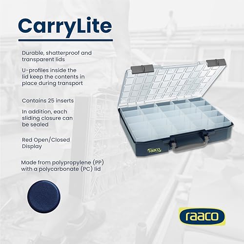 Raaco CarryLite 80 Small Parts Organizer, 25 Inserts | 3.2 Inch Height, Anti-Mix U-Profile Lid for Screws, Bolts & Nuts, Secure Sliding Lock, 25 Inserts, For workshop and garage - size: Deep-25 Inserts, style: Single Pack