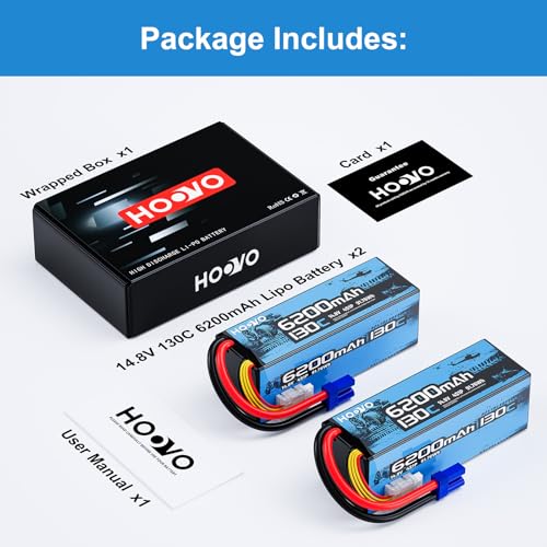 HOOVO 4S Lipo Battery, 14.8V 6200mAh 130C RC Car Battery Hard Case EC5 Plug | 2 Pack, compatible with 1/8 and 1/10 Scale RC Vechile,Arrma Kraton 8S,RC Buggy Truggy Truck Crawler Monster Boat