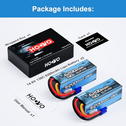 HOOVO 4S Lipo Battery, 14.8V 6200mAh 130C RC Car Battery Hard Case EC5 Plug | 2 Pack, compatible with 1/8 and 1/10 Scale RC Vechile,Arrma Kraton 8S,RC Buggy Truggy Truck Crawler Monster Boat