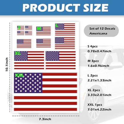 American Flag Stickers and Decals in 5 Sizes,10.1x7.3 Car Sticker American Flag Decal with 12 Stickers/1 Sheet for Car Decor,Self-Adhesive Americans Flags Sticker Cars Decals