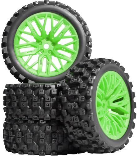 4PCS Pre-Glued RC Crawler Car Rubber Tires and Plastic Wheels Set, 70mm*26mm Tires and Rims with 12mm Hex Fits for ARRMA 1/14 1/16 1/18 Granite/Typhon Grom RC On/Off Road Crawler Truck Car (Green) - color: Green