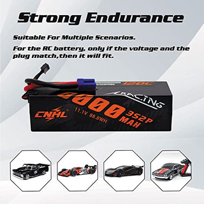 CNHL 8000mAh 11.1V 3S LiPo Battery 120C with EC5 Plug (2 Packs) | Heavy duty RC battery for 1/8, 1/10, 1/12 scale RC cars, trucks, boats, and LOSI Associated hobby racing vehicles.