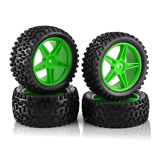1/10 RC Off Road Tires and Wheels Rims 12mm Hex Set Front and Rear 87mm Rubber Buggy Tyres Foam Inserts for 1:10 Off-Road Car HSP Kyosho HPI Tamiya HSP 94107 94166 94106 94155 4PCS (Green) - color: Green