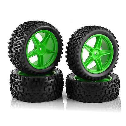 1/10 RC Off Road Tires and Wheels Rims 12mm Hex Set Front and Rear 87mm Rubber Buggy Tyres Foam Inserts for 1:10 Off-Road Car HSP Kyosho HPI Tamiya HSP 94107 94166 94106 94155 4PCS (Green) - color: Green