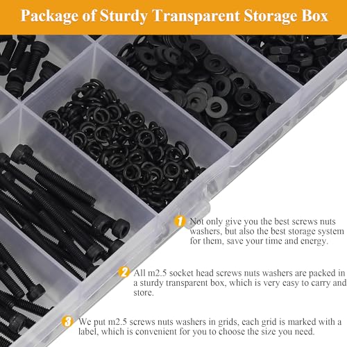 565 Pieces M2.5 Screws Nuts Washers Set Black, Sutemribor M2.5 x 4/6/8/10/12/16/20mm Hex Socket Head Cap Screws Nuts Washers Assortment Kit, 12.9 Grade Alloy Steel, Fully Threaded - size: M2.5, style: Socket Head