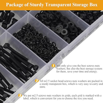 565 Pieces M2.5 Screws Nuts Washers Set Black, Sutemribor M2.5 x 4/6/8/10/12/16/20mm Hex Socket Head Cap Screws Nuts Washers Assortment Kit, 12.9 Grade Alloy Steel, Fully Threaded - size: M2.5, style: Socket Head