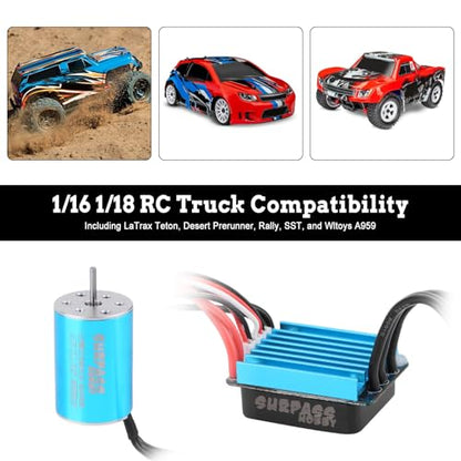 Surpass Hobby 2435 4800KV Motor 25A ESC Combo for 1/16 1/18 RC Truck | Complete power upgrade combo for 1/16 1/18 RC Truck LaTrax Teton Desert Prerunner Rally SST Wltoys A959 - color: Blue