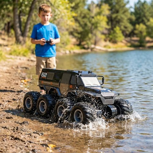 KB KAIBO 1:12 Large Amphibious Remote Control Car Monster Truck - 8WD All Terrain Waterproof RC Toy for Kids, 7.4V High-Speed Remote Control Car for Boys Girls Ages 6-12, Perfect Birthday Gifts -Black - color: Black