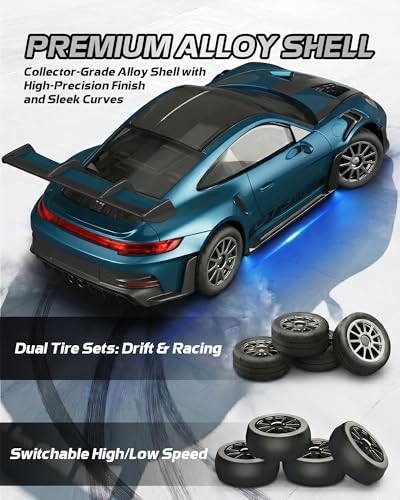 ARRIS 1/43 911 RC Drift Car 4WD with Gyro Full Proportional RTR | Alloy Body, 20KM/H Speed, Extra Drift Tires, Silent Bearings, LED Lighting - color: Blue-911