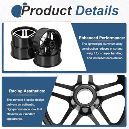 MECCANIXITY 4Pcs RC Car Wheel Rims, 23.5mm Dia 5-Spoke Black Aluminum Alloy Wheel Rims Hex Hub for HSP RC Drift Racing Touring Car - color: Black, size: 23.5mm Dia