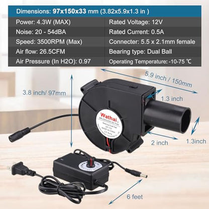 Wathai BBQ Air Mover Blower Fan 12V 97mm Centrifugal Fan 110V 120V 9733 | Dual Ball High Speed 3500CFM Variable speed fan for Charcoal Starter,Outdoor Cooking,Fireplace,Wood Stove - style: 9733 110V-240V