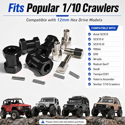 4PCS 12mm Hex Hub 20mm Aluminum Extension Hex for Axial SCX10 D90 90046 | 20mm CNC Wheel Hex Extenders for 1/10 RC Crawlers Redcat Gen7/Gen8 CC01 RC4WD Wider Stance & Tire Clearance with M4 Nuts Pins - color: Black