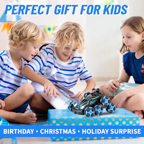 8WD Remote Control Stunt Car with Music Light Mist Spray, RC Drift Car Toys for Kids 6+, 2.4GHz Remote, Double Sided Driving, 360° Spins, Off-Road Stunt Vehicle, Birthday Gifts for Boys Girls - color: Blue