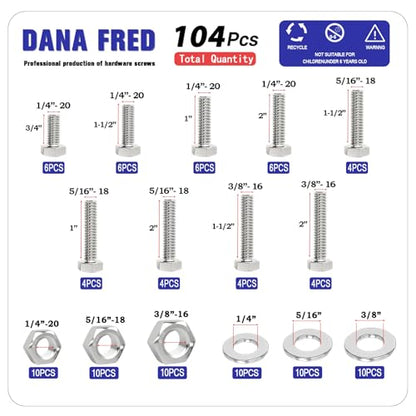 104pcs 304 Stainless Steel Bolts Nuts and Washers Kit,1/4-20,5/16-18,3/8-16 Hex Bolts Nuts Washers Assortment,15 Sizes Machine Screw Assortment Kit for Electronic Product, Small Repairs of Door Handle