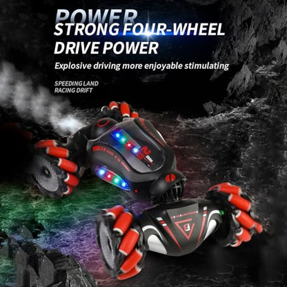 HUIOP Stunt Car 2.4GHz Car Spray Car with Function Lateral Movement,Breathing Light,Deformation,Double-Sided Driving,Wrist Watch-Dual - color: Red, size: 2 battery