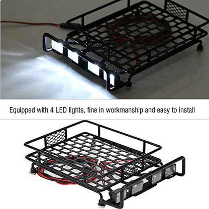 Large Size Roof Rack Luggage Carrier with LED Light Quadrate, RC Roof Rack for Axial SCX10 1/10 Scale RC Crawler Car, High Simulation Metal Accessory with Remote Control for LED Li (4 White) - style: 4 white