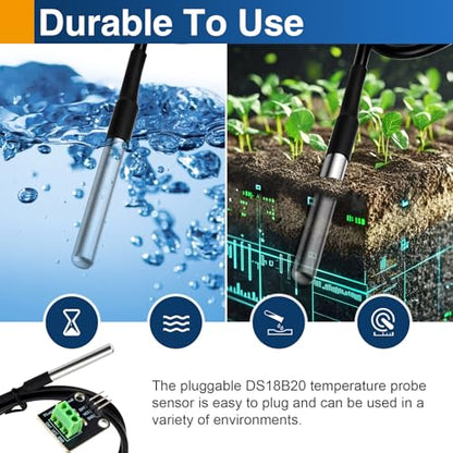 4 Pack DS18B20 Waterproof Temperature Sensor Probe, Stainless Steel Digital Sensor with Adapter Cable, Compatible with Arduino, Raspberry Pi, ESP32